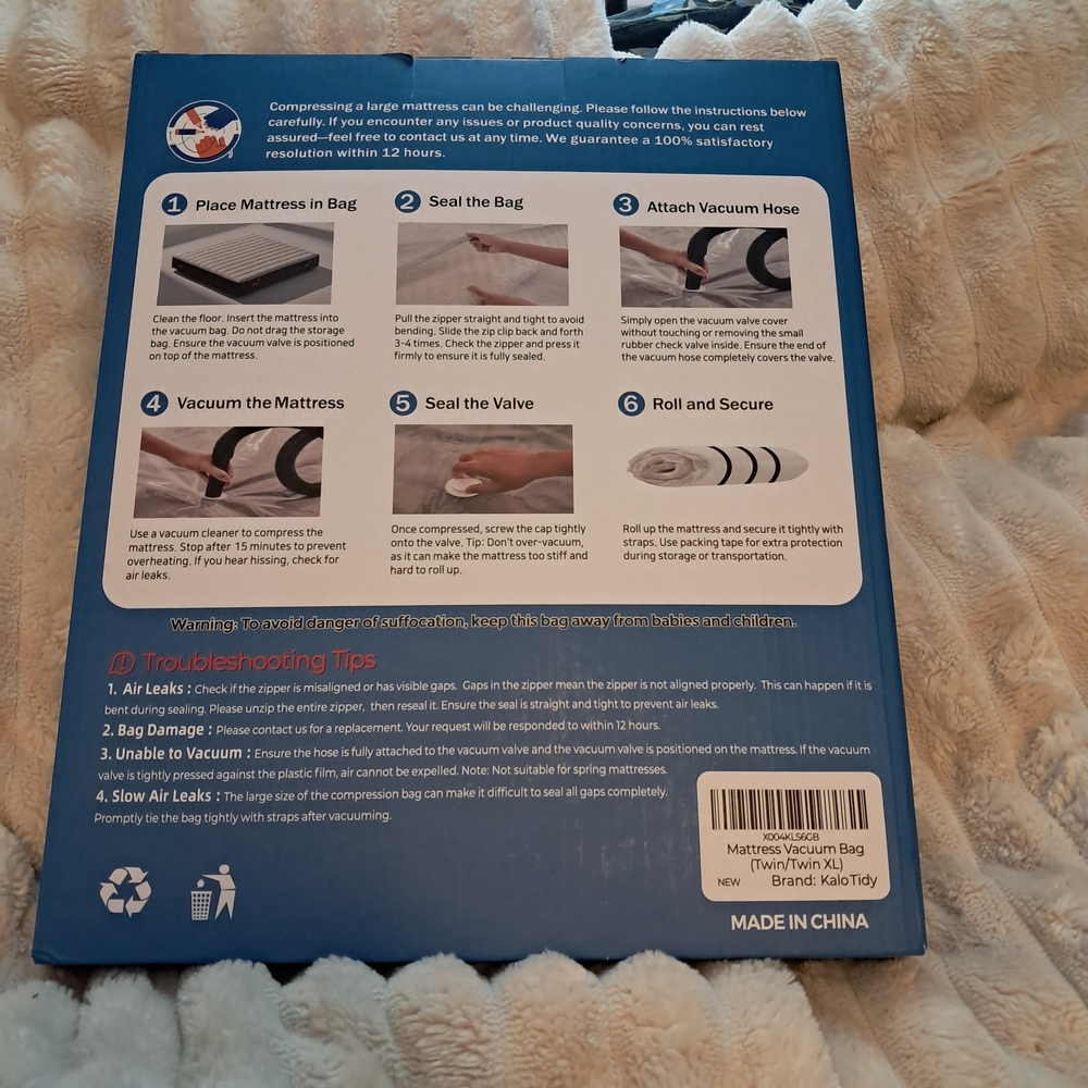 Twin / XL Mattress Vacuum Storage Bag | White 5 mil w Straps + Dbl Zipper - Picture 6 of 12